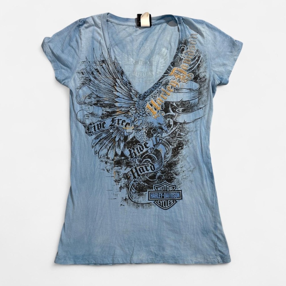 VTG Harley Davidson Womens Blue Acid Wash Large Eagle Y2K Short Sleeve V Neck